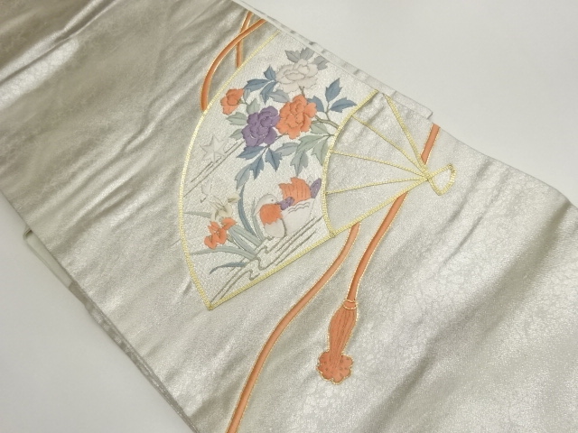 金駒刺繍檜扇に花鳥模様名古屋帯